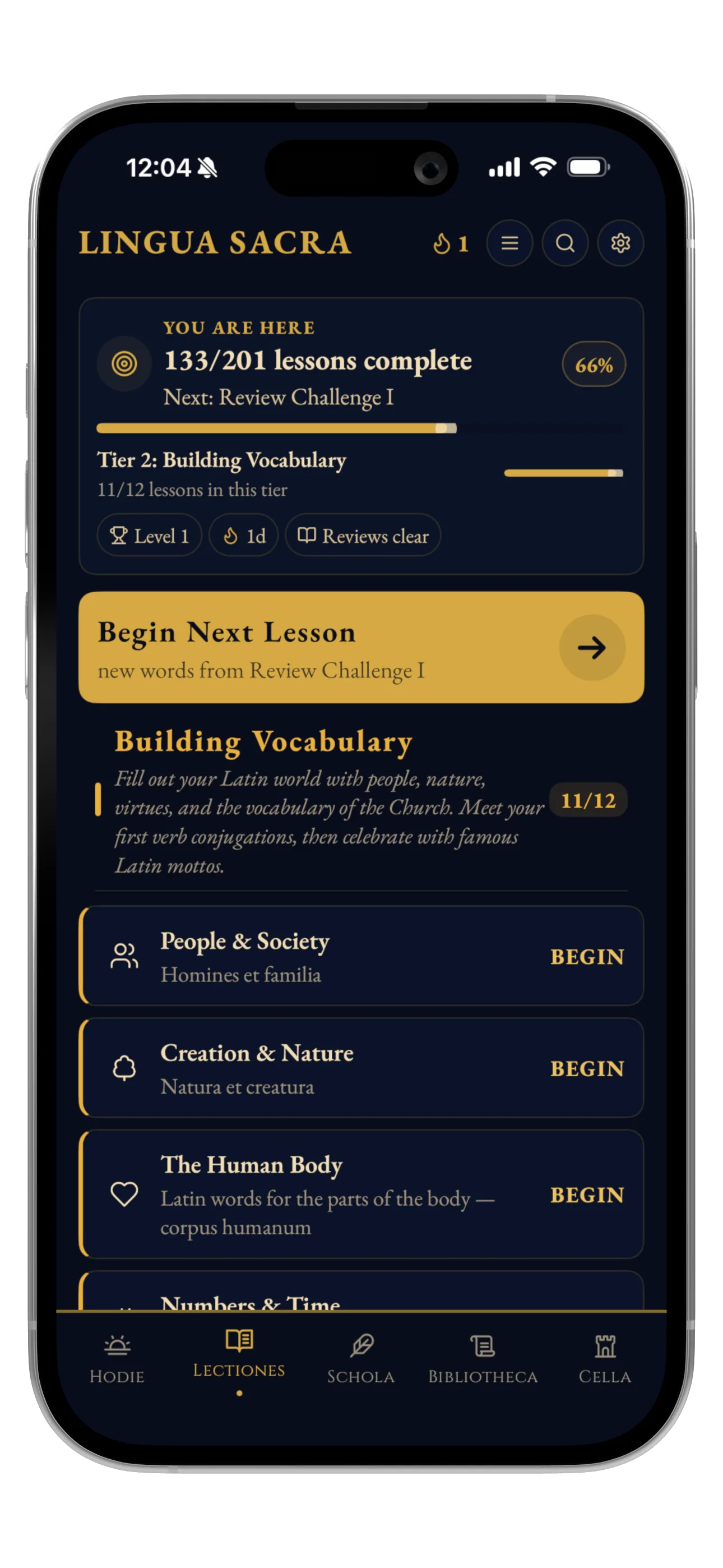 Lessons screen — Master Church Latin step by step