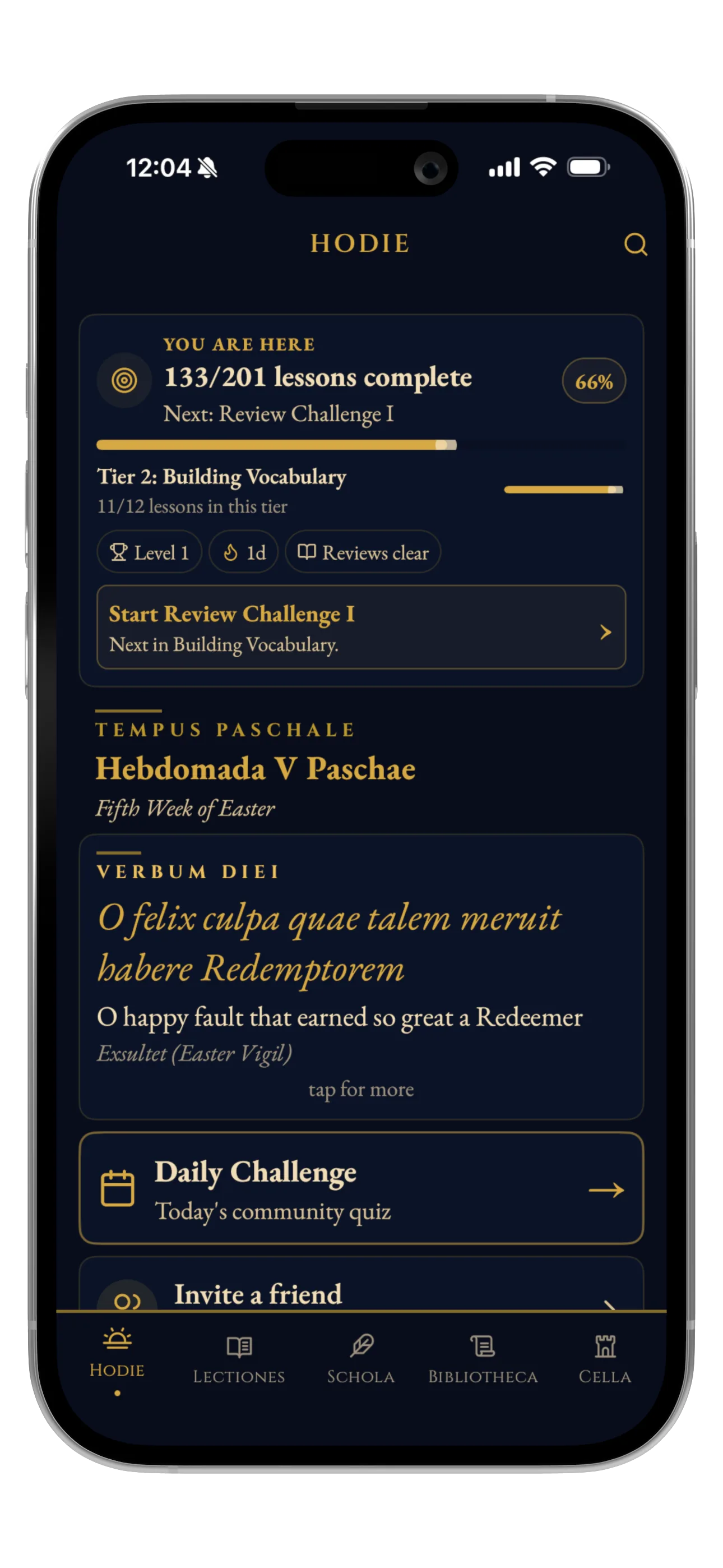 Lingua Sacra Today screen showing daily Latin practice